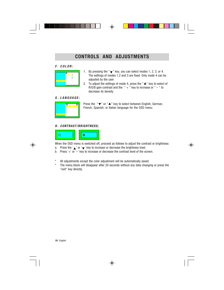 English, Controls and adjustments | Compaq S900 User Manual | Page 12 / 19