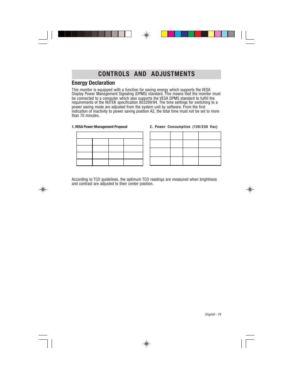 English, Controls and adjustments, Energy declaration | Compaq S900 User Manual | Page 13 / 19