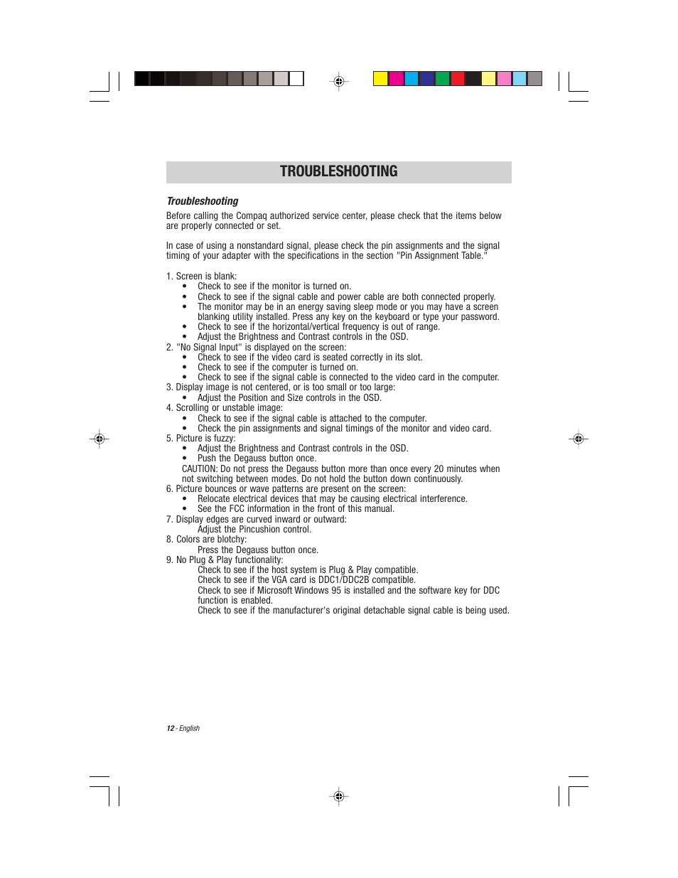 English, Troubleshooting | Compaq S900 User Manual | Page 14 / 19