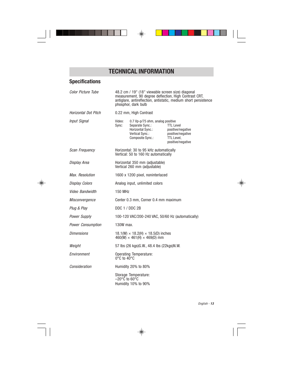 English, Technical information | Compaq S900 User Manual | Page 15 / 19