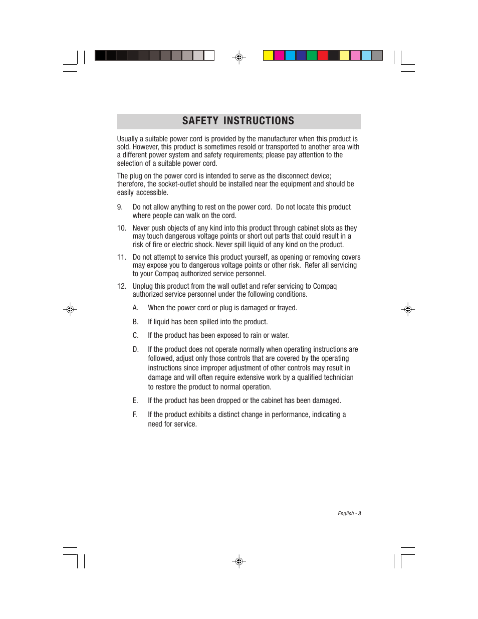 English, Safety instructions | Compaq S900 User Manual | Page 5 / 19
