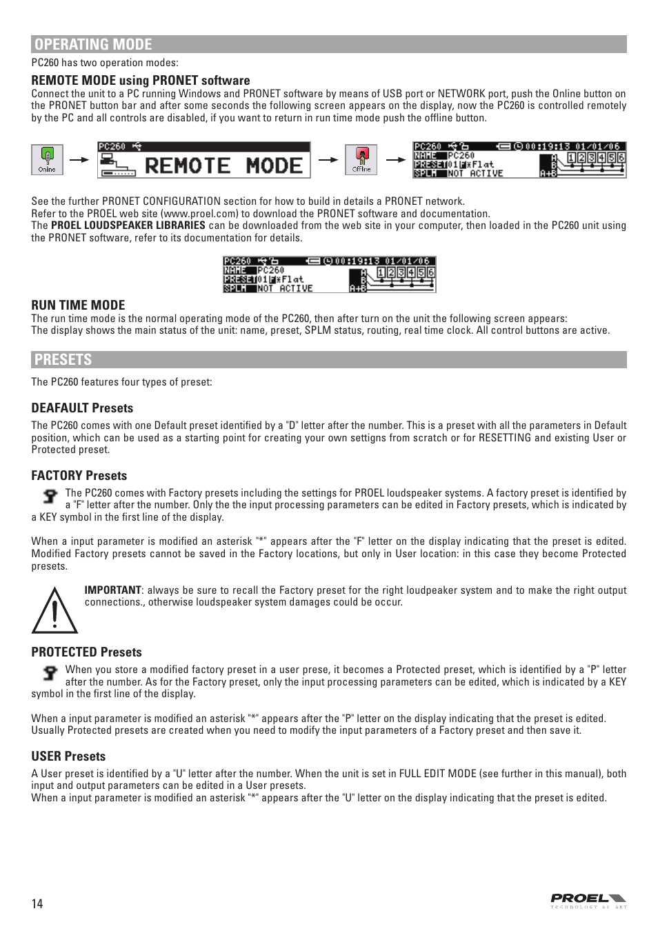 Operating mode, Presets | Proel PC260 User Manual | Page 14 / 36