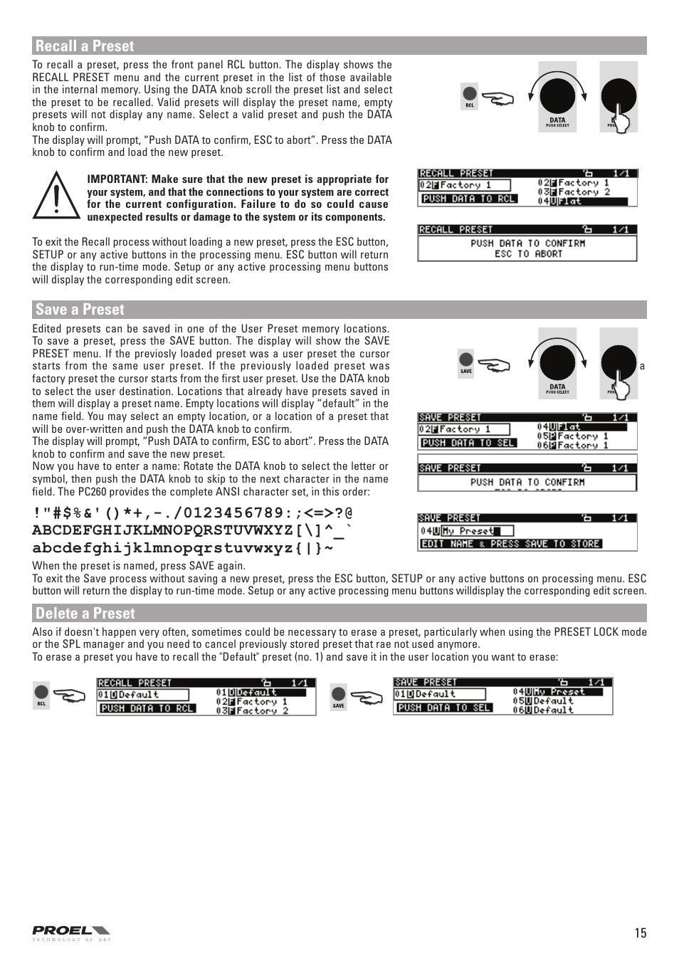 Recall a preset, Save a preset, Delete a preset | Proel PC260 User Manual | Page 15 / 36