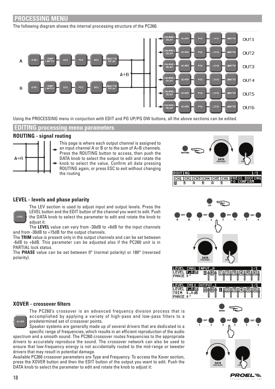 Processing menu, Editing processing menu parameters | Proel PC260 User Manual | Page 18 / 36