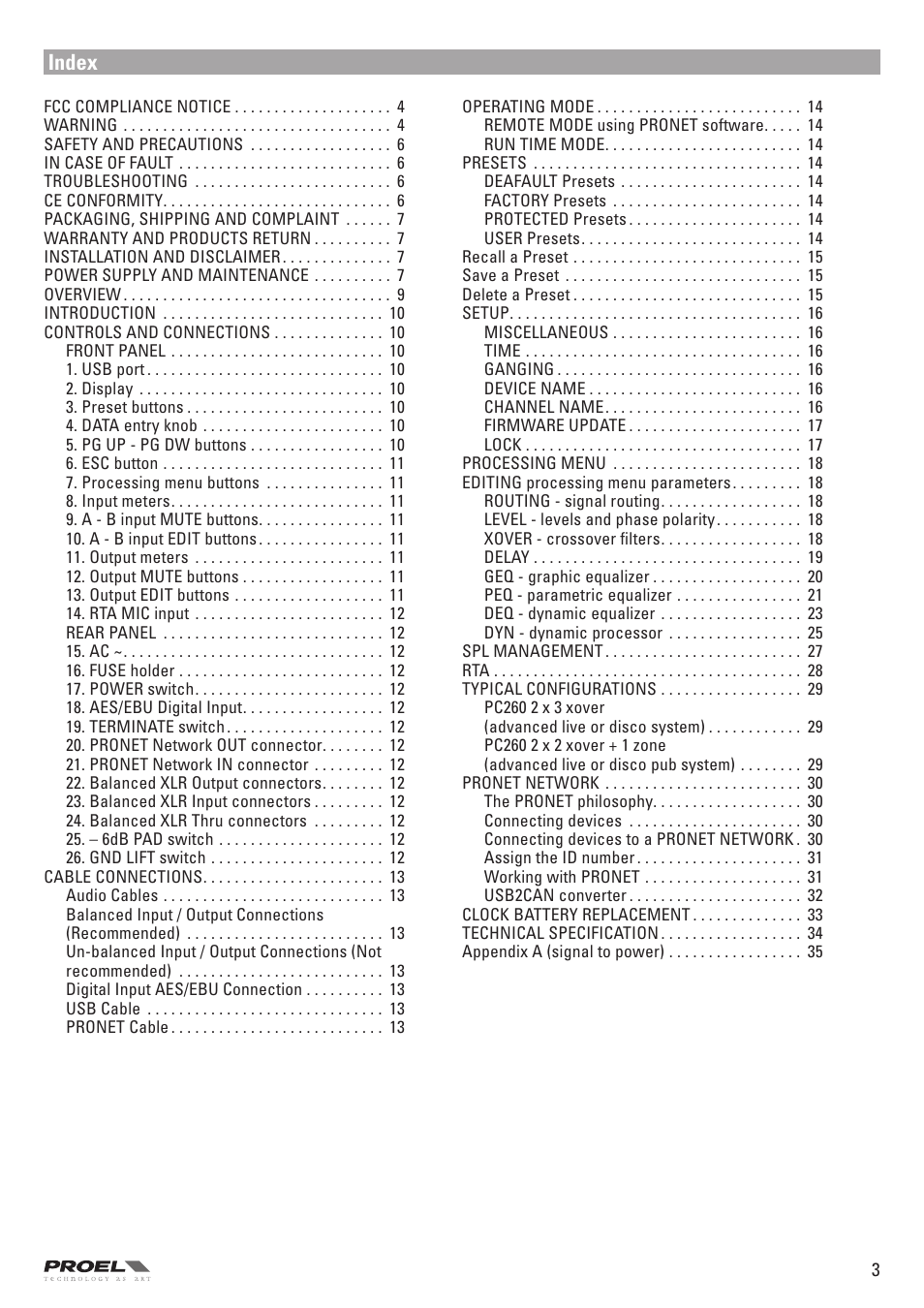 Index | Proel PC260 User Manual | Page 3 / 36