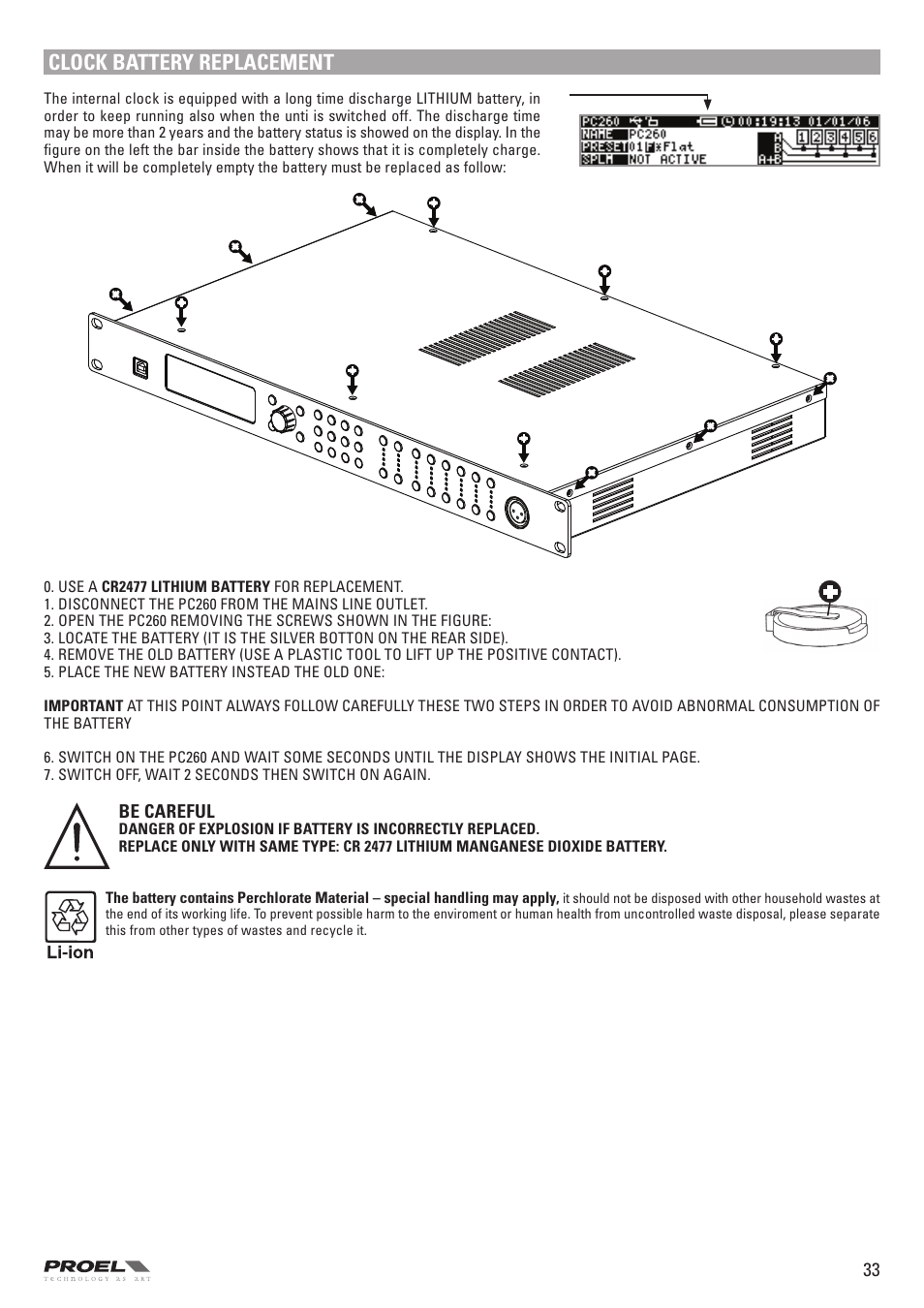 Clock battery replacement | Proel PC260 User Manual | Page 33 / 36