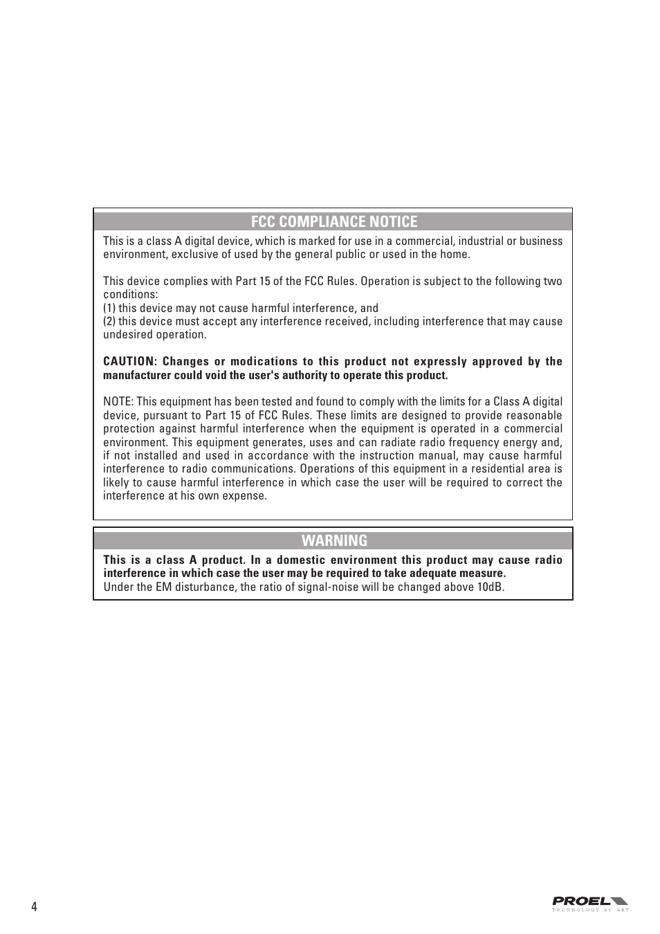 Fcc compliance notice, Warning | Proel PC260 User Manual | Page 4 / 36