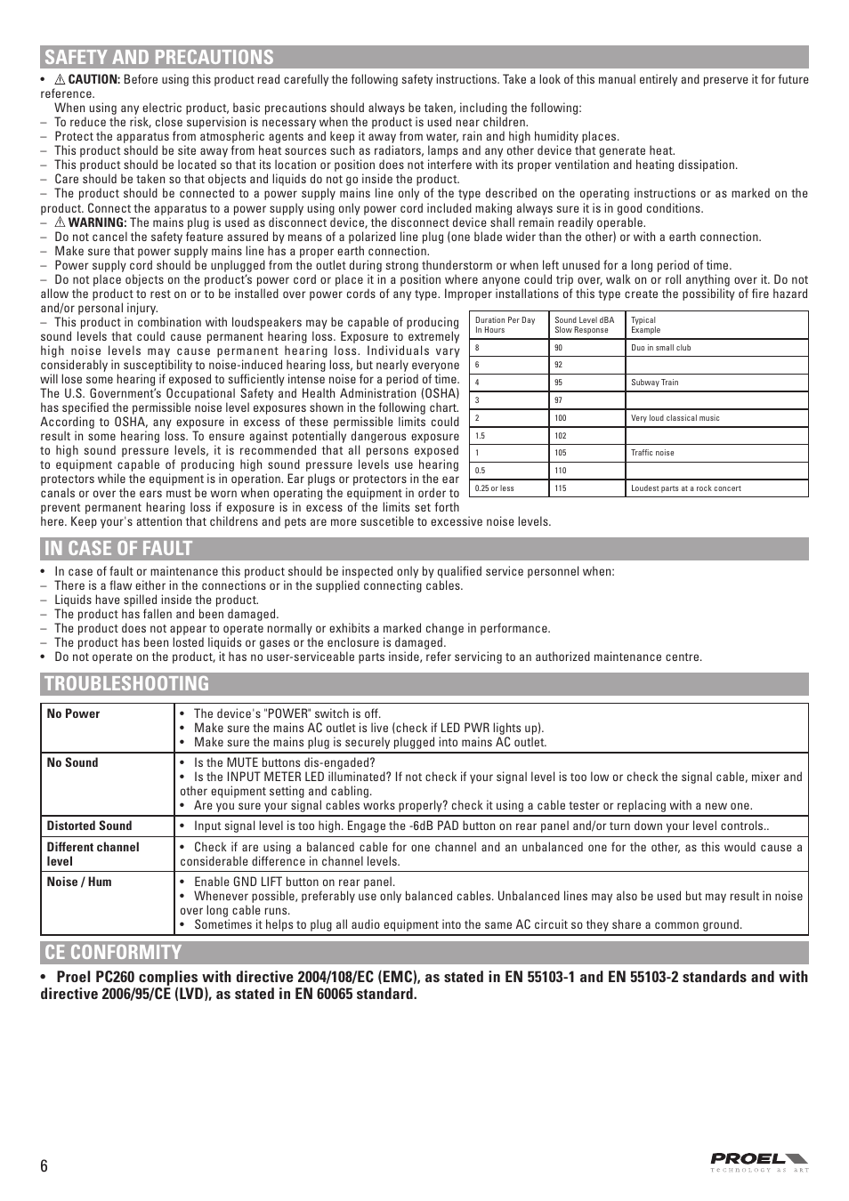 Safety and precautions, Troubleshooting, Ce conformity | Proel PC260 User Manual | Page 6 / 36