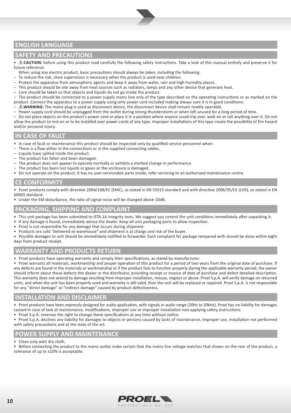 English language safety and precautions, Ce conformity, Packaging, shipping and complaint | Warranty and products return, Installation and disclaimer, Power supply and maintenance | Proel MI6 User Manual | Page 10 / 28