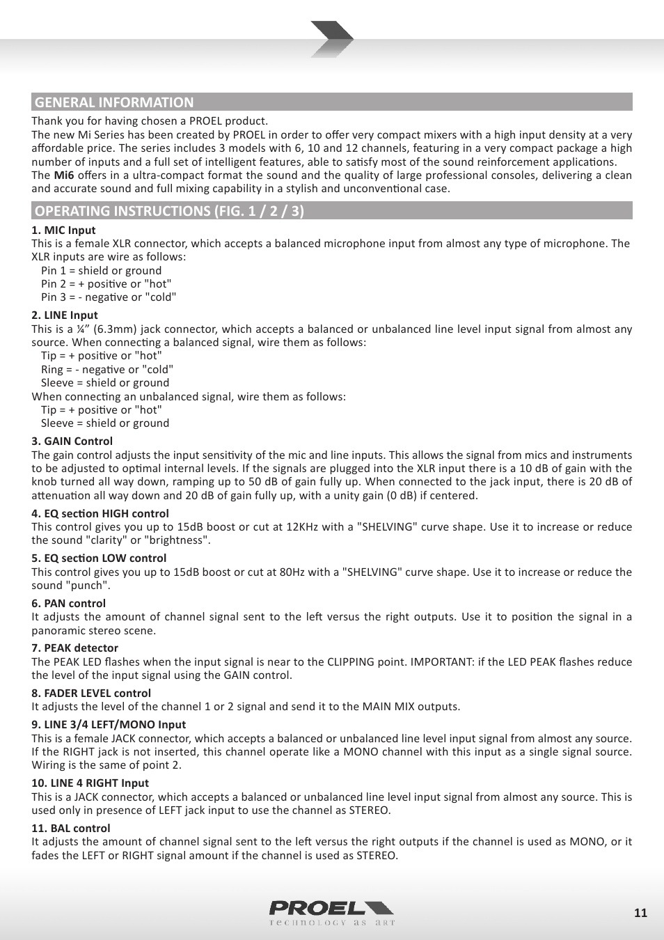 General information, Operating instructions (fig. 1 / 2 / 3) | Proel MI6 User Manual | Page 11 / 28