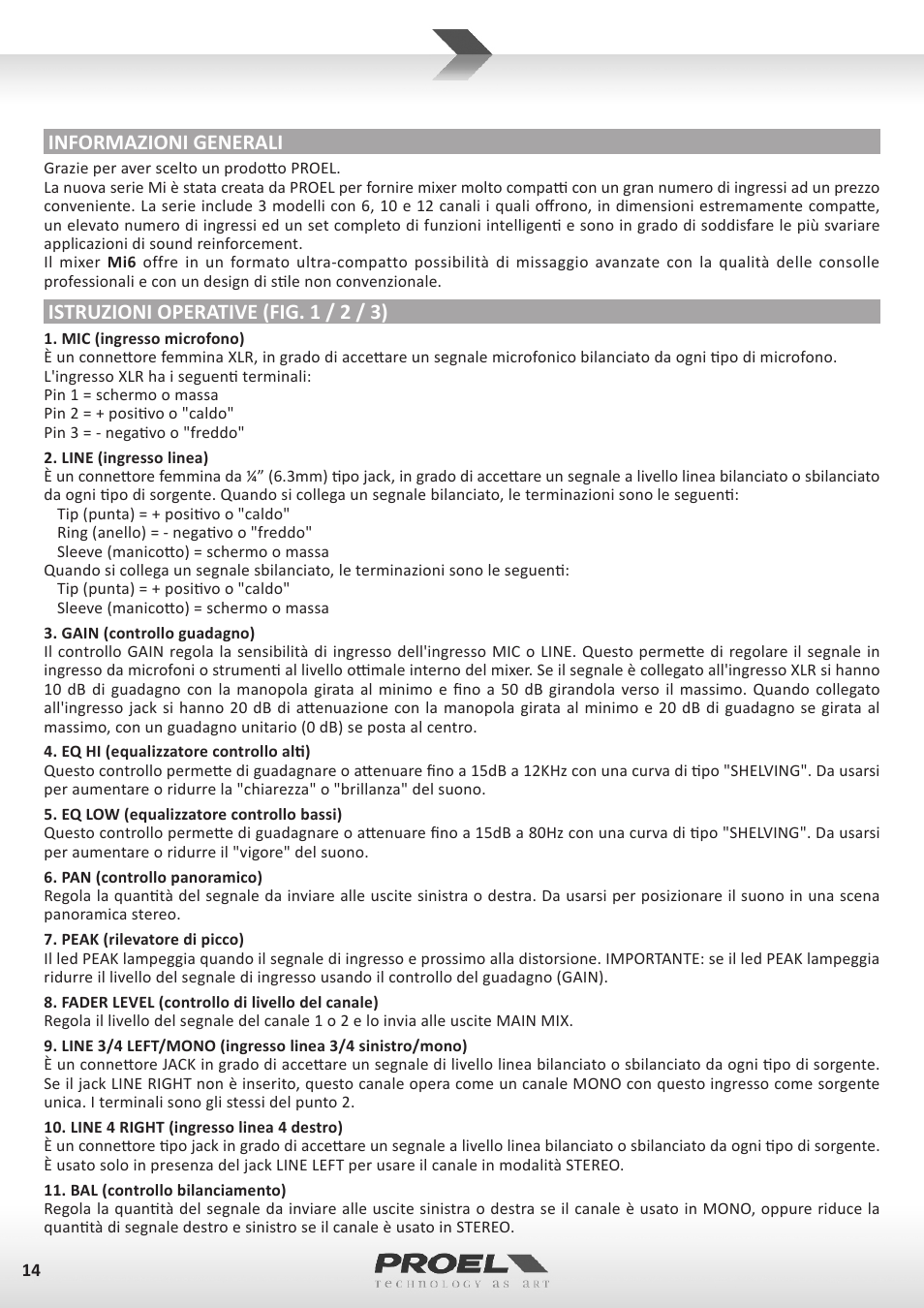 Informazioni generali, Istruzioni operative (fig. 1 / 2 / 3) | Proel MI6 User Manual | Page 14 / 28