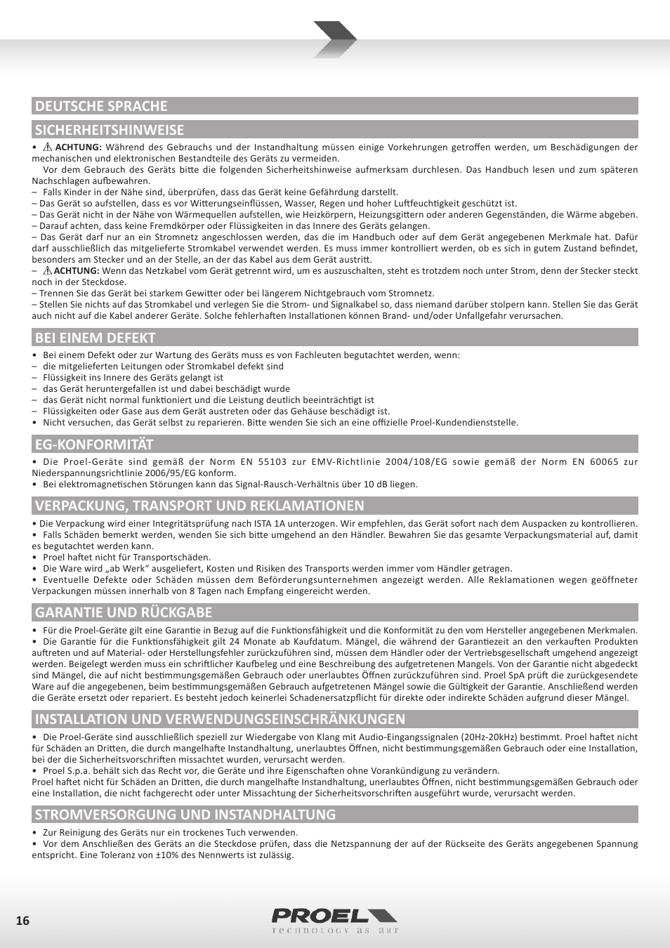 Deutsche sprache sicherheitshinweise, Bei einem defekt, Eg-konformität | Verpackung, transport und reklamationen, Garantie und rückgabe, Installation und verwendungseinschränkungen, Stromversorgung und instandhaltung | Proel MI6 User Manual | Page 16 / 28