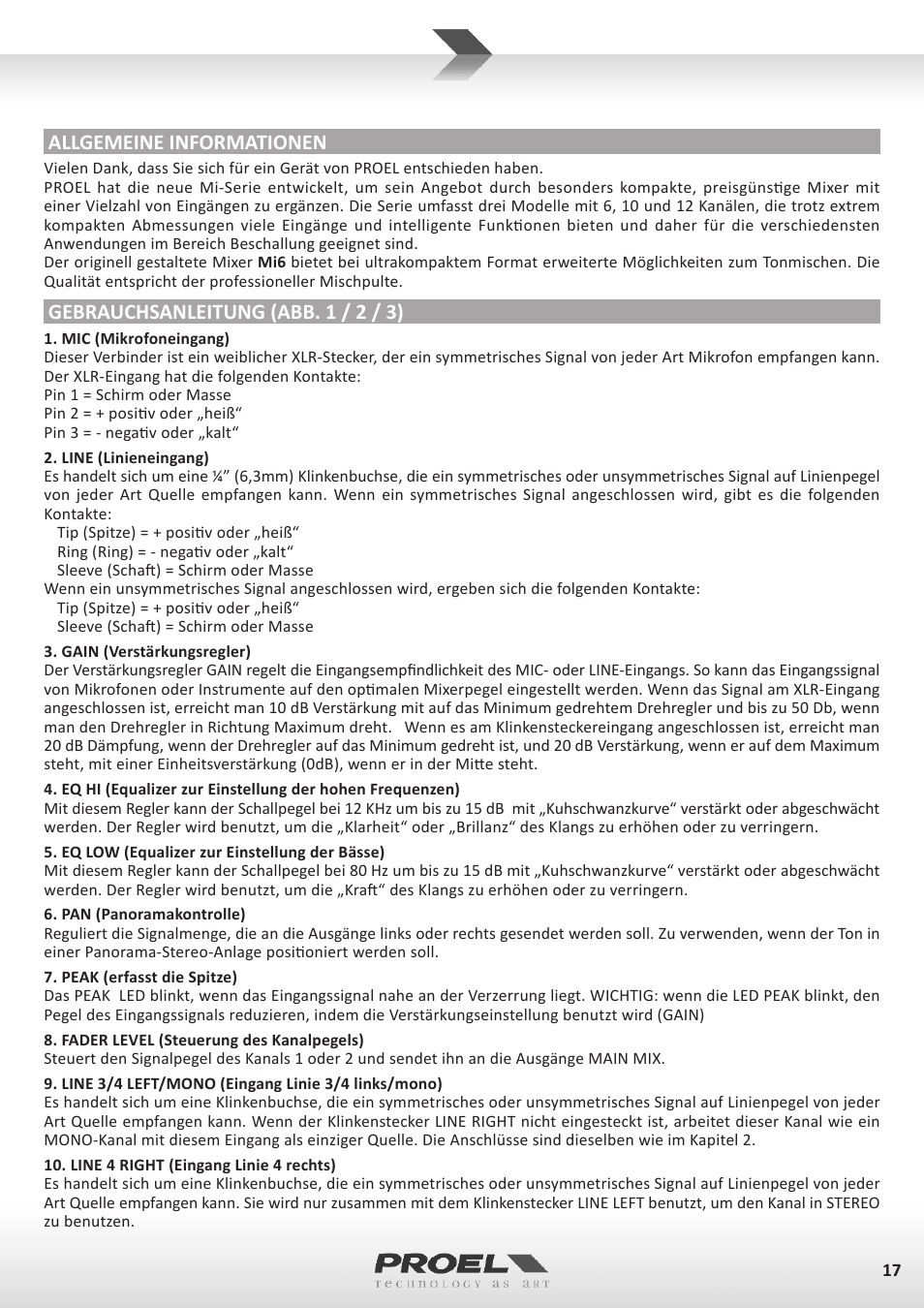 Allgemeine informationen, Gebrauchsanleitung (abb. 1 / 2 / 3) | Proel MI6 User Manual | Page 17 / 28