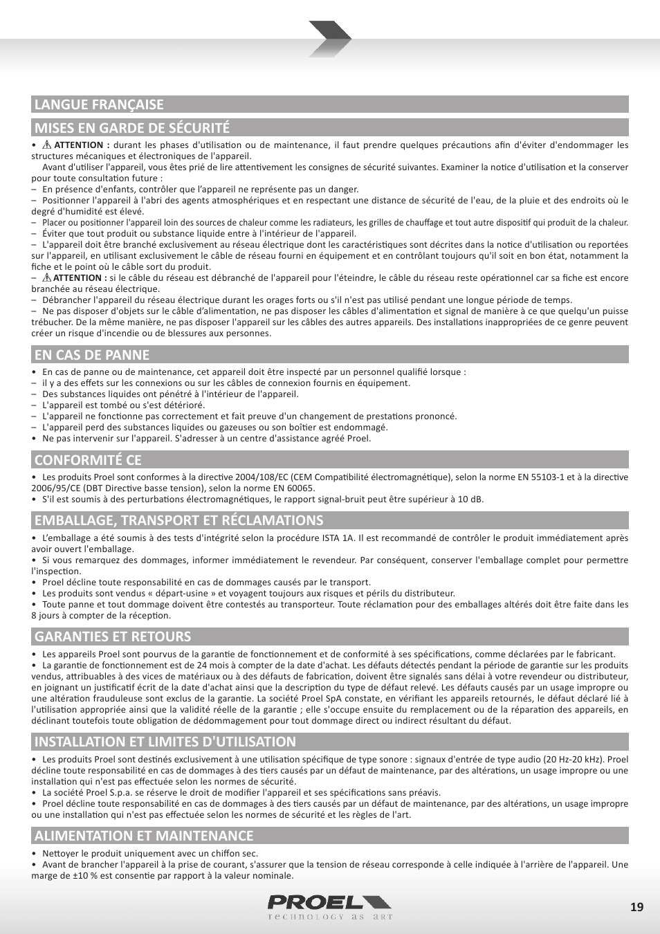 Langue française mises en garde de sécurité, En cas de panne, Conformité ce | Emballage, transport et réclamations, Garanties et retours, Installation et limites d'utilisation, Alimentation et maintenance | Proel MI6 User Manual | Page 19 / 28