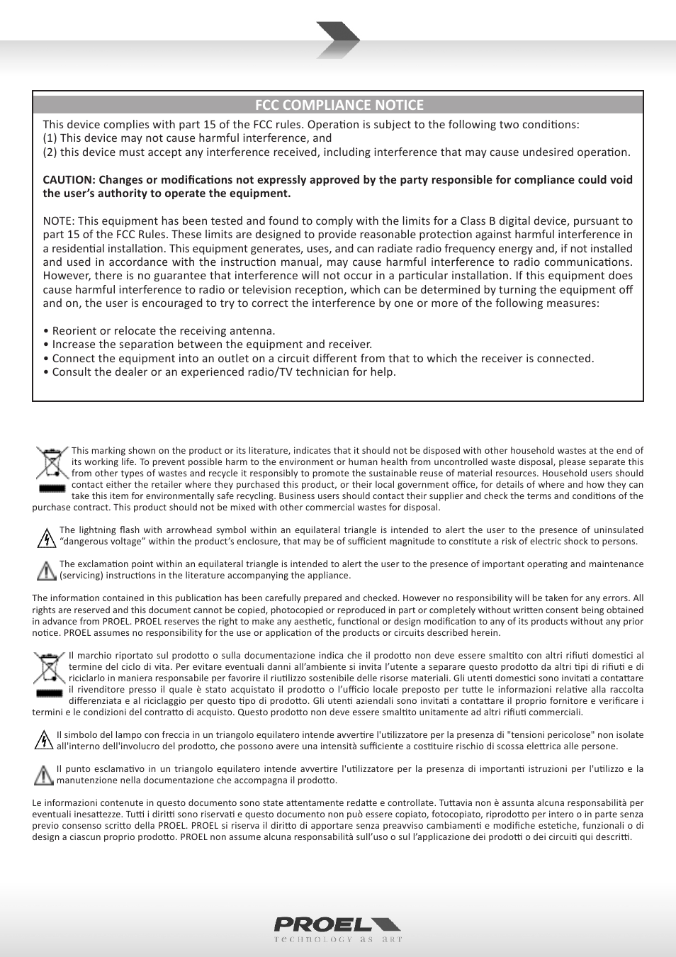 Fcc compliance notice | Proel MI6 User Manual | Page 2 / 28