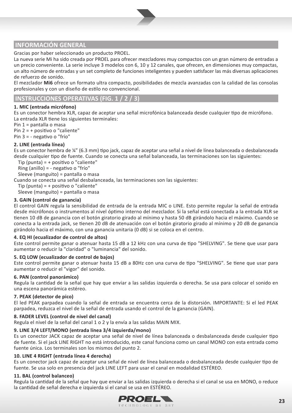 Información general, Instrucciones operativas (fig. 1 / 2 / 3) | Proel MI6 User Manual | Page 23 / 28