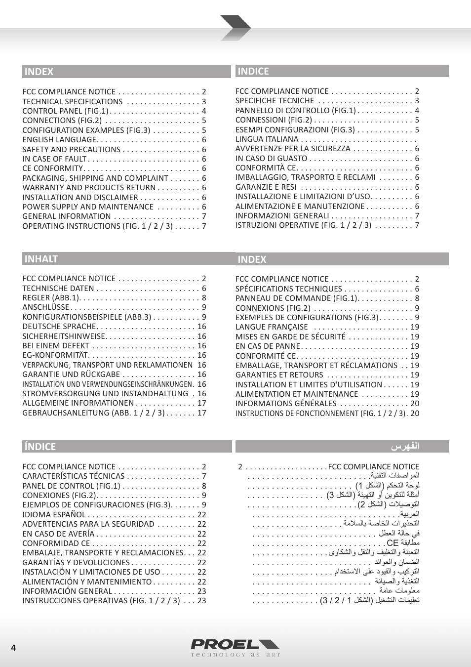 Index, Índice, Indice | سرهفلا, Inhalt | Proel MI6 User Manual | Page 4 / 28