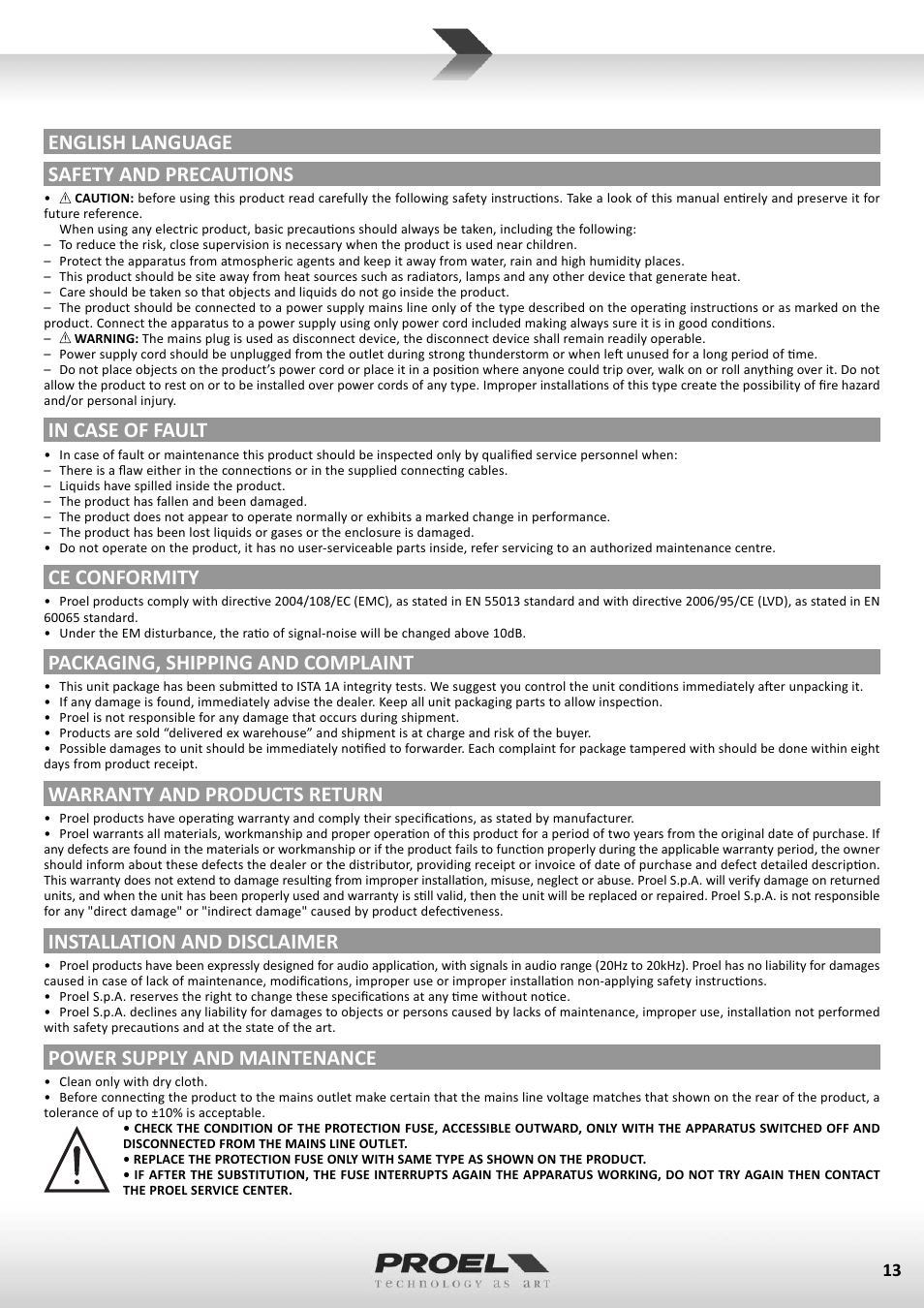 English language safety and precautions, Ce conformity, Packaging, shipping and complaint | Warranty and products return, Installation and disclaimer, Power supply and maintenance | Proel M1622USB User Manual | Page 13 / 67