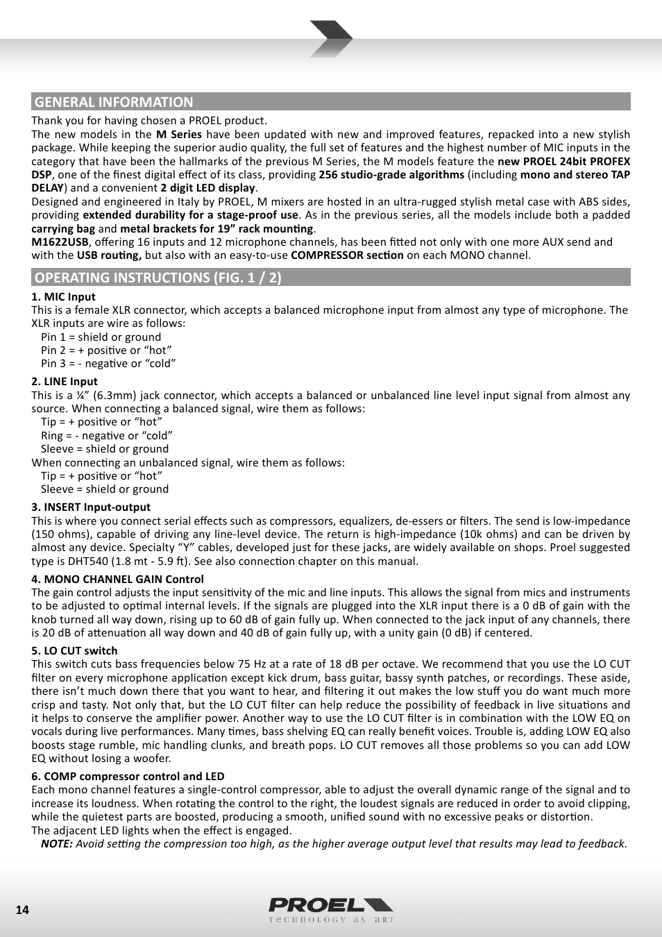 General information, Operating instructions (fig. 1 / 2) | Proel M1622USB User Manual | Page 14 / 67