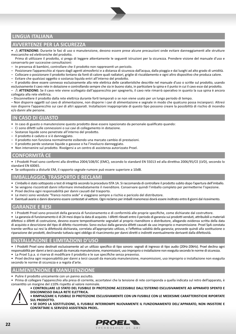 Lingua italiana avvertenze per la sicurezza, Conformità ce, Imballaggio, trasporto e reclami | Garanzie e resi, Installazione e limitazioni d’uso, Alimentazione e manutenzione | Proel M1622USB User Manual | Page 22 / 67