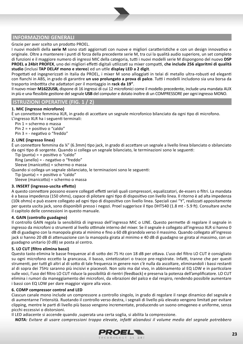 Informazioni generali, Istruzioni operative (fig. 1 / 2) | Proel M1622USB User Manual | Page 23 / 67