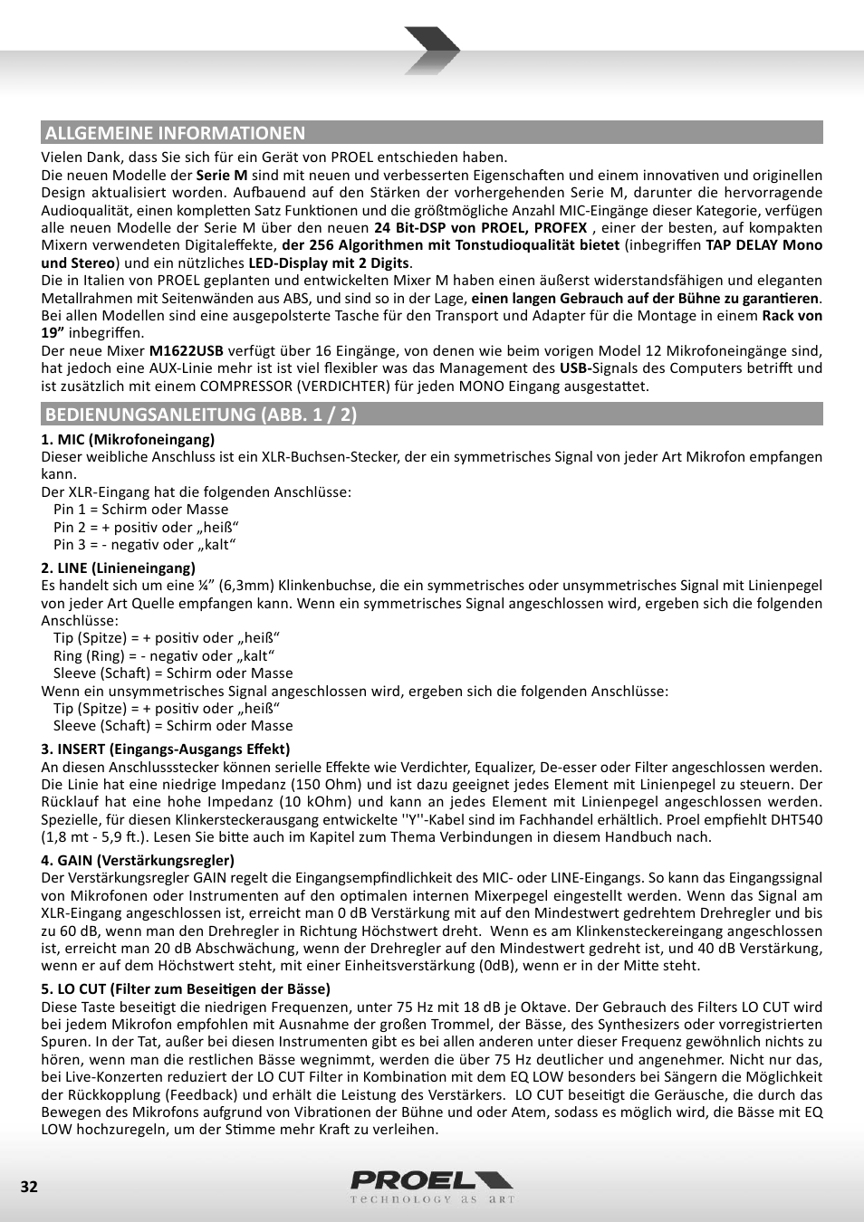 Allgemeine informationen, Bedienungsanleitung (abb. 1 / 2) | Proel M1622USB User Manual | Page 32 / 67
