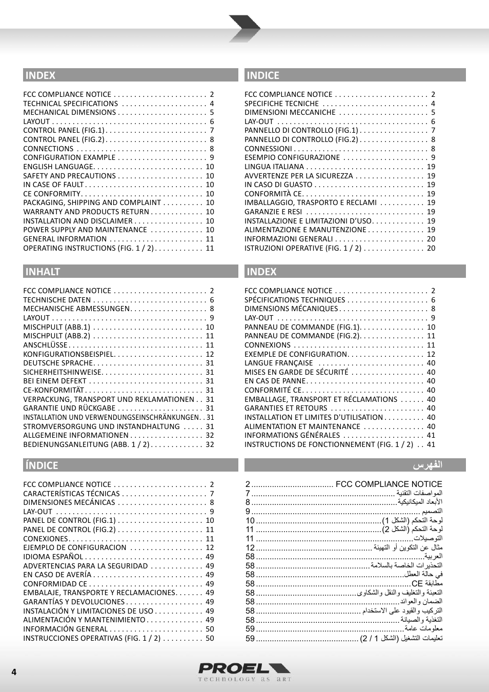 Index, Índice, Indice | ﺱﺭﻬﻔﻟﺍ, Inhalt | Proel M1622USB User Manual | Page 4 / 67