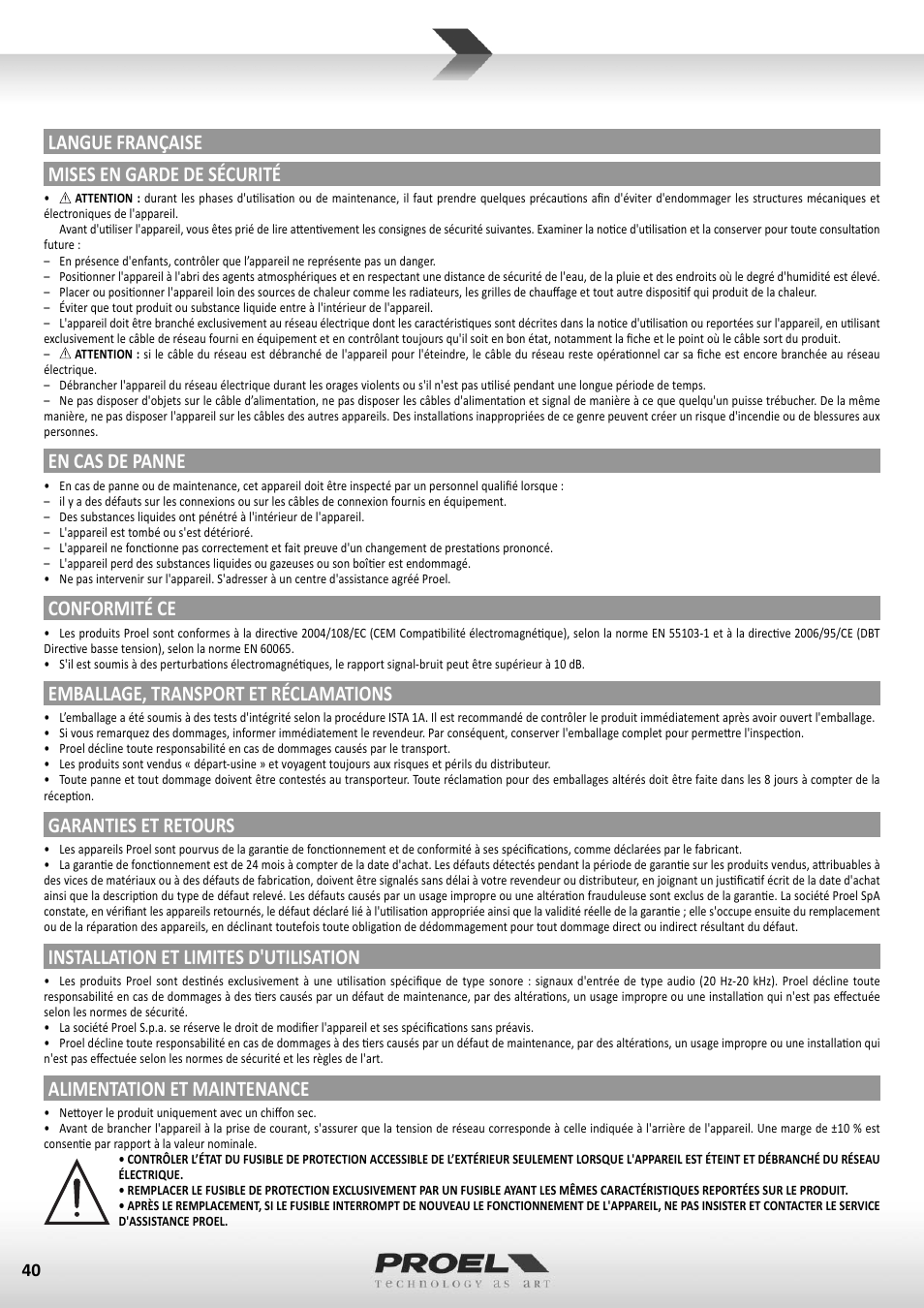 Langue française mises en garde de sécurité, En cas de panne, Conformité ce | Emballage, transport et réclamations, Garanties et retours, Installation et limites d'utilisation, Alimentation et maintenance | Proel M1622USB User Manual | Page 40 / 67