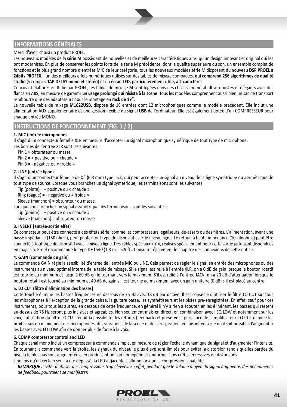 Informations générales, Instructions de fonctionnement (fig. 1 / 2) | Proel M1622USB User Manual | Page 41 / 67