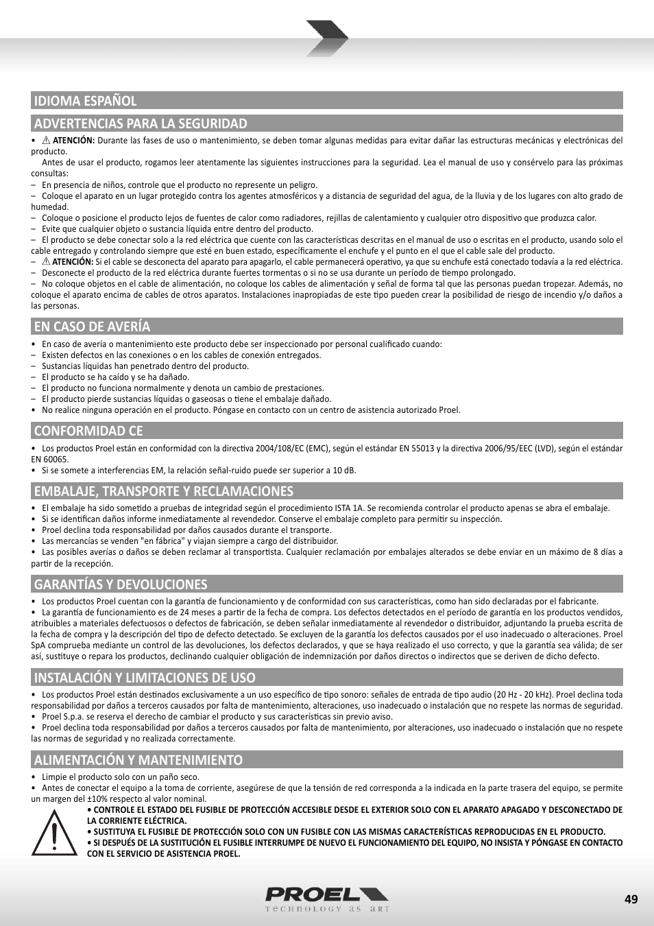 Idioma español advertencias para la seguridad, En caso de avería, Conformidad ce | Embalaje, transporte y reclamaciones, Garantías y devoluciones, Instalación y limitaciones de uso, Alimentación y mantenimiento | Proel M1622USB User Manual | Page 49 / 67