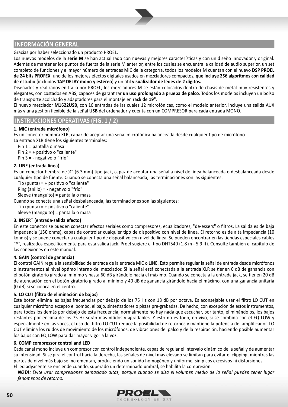 Información general, Instrucciones operativas (fig. 1 / 2) | Proel M1622USB User Manual | Page 50 / 67