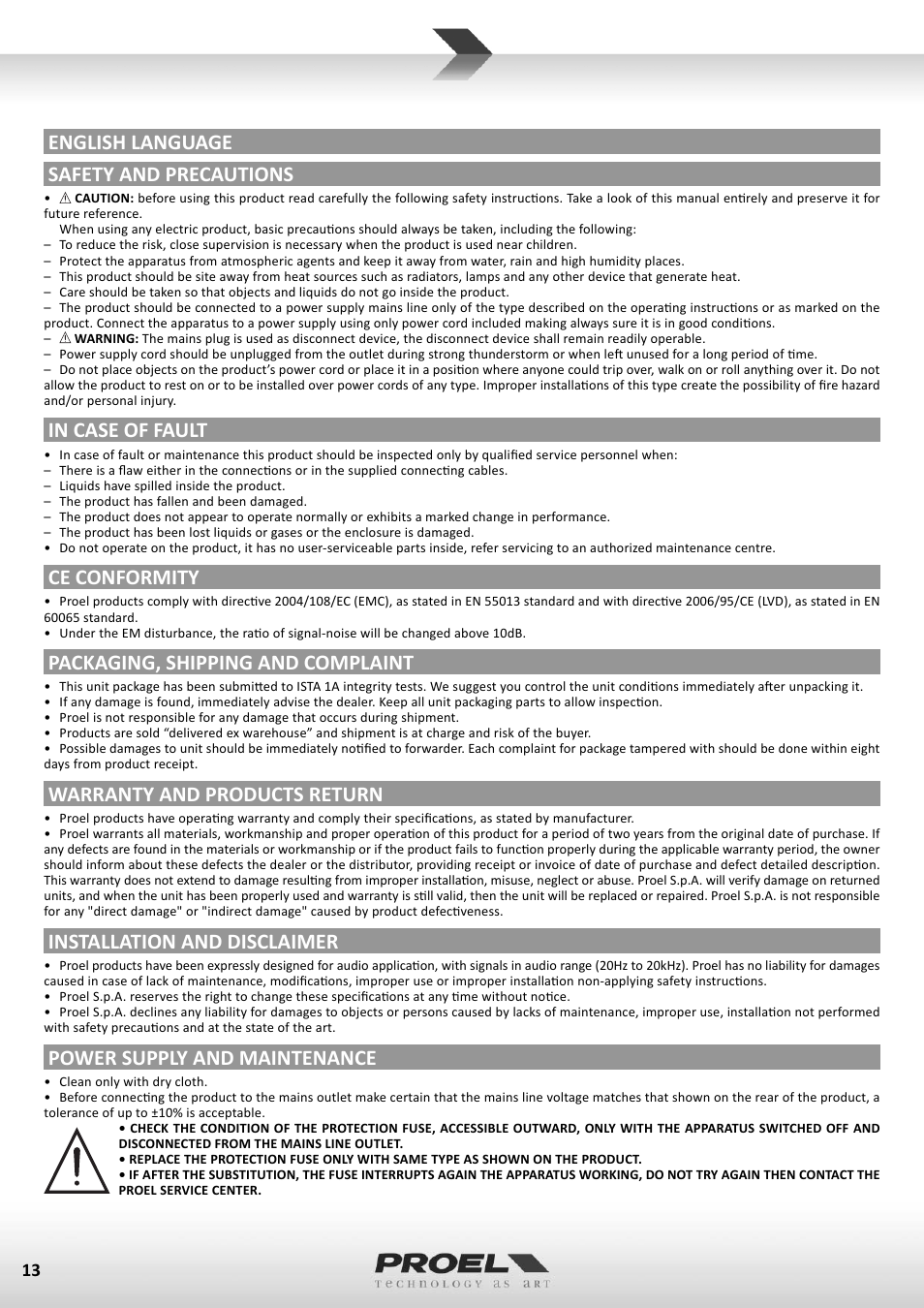 English language safety and precautions, Ce conformity, Packaging, shipping and complaint | Warranty and products return, Installation and disclaimer, Power supply and maintenance | Proel M822USB User Manual | Page 13 / 55