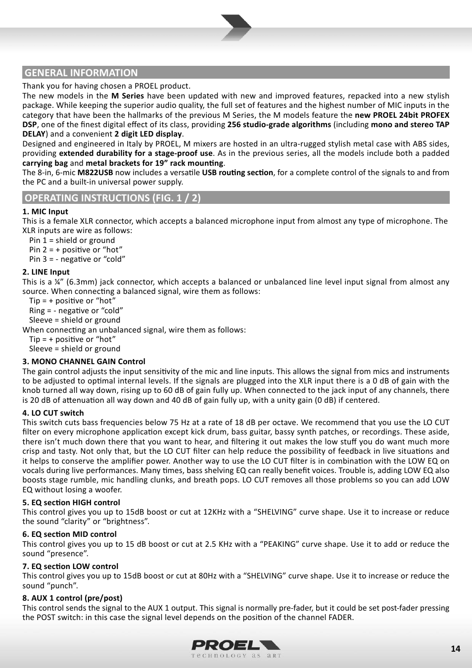 General information, Operating instructions (fig. 1 / 2) | Proel M822USB User Manual | Page 14 / 55