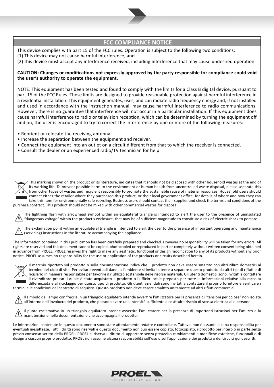 Fcc compliance notice | Proel M822USB User Manual | Page 2 / 55