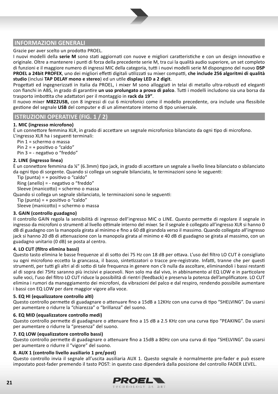 Informazioni generali, Istruzioni operative (fig. 1 / 2) | Proel M822USB User Manual | Page 21 / 55