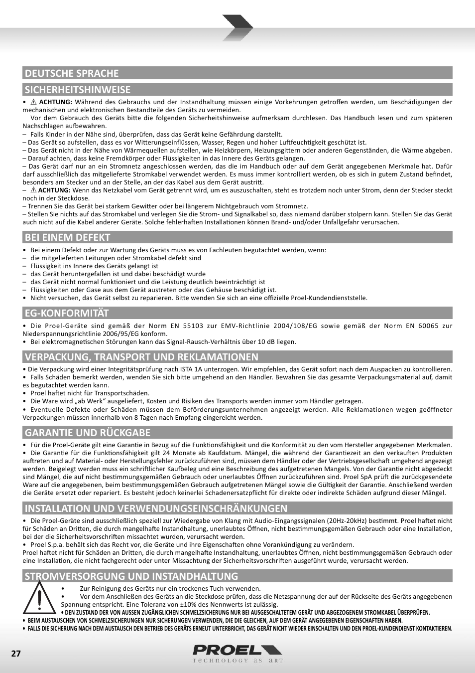Deutsche sprache sicherheitshinweise, Bei einem defekt, Eg-konformität | Verpackung, transport und reklamationen, Garantie und rückgabe, Installation und verwendungseinschränkungen, Stromversorgung und instandhaltung | Proel M822USB User Manual | Page 27 / 55