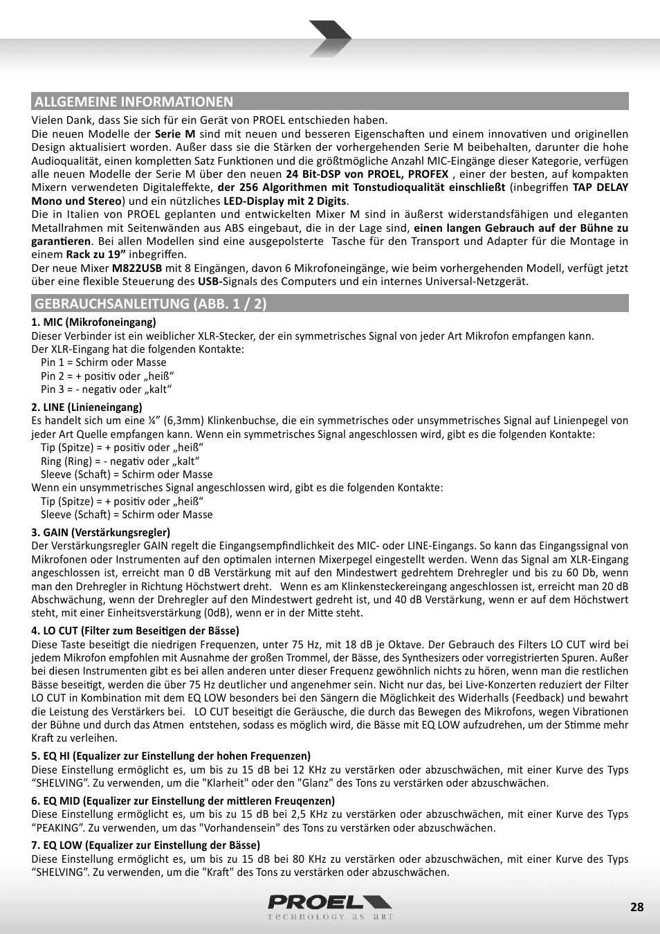 Allgemeine informationen, Gebrauchsanleitung (abb. 1 / 2) | Proel M822USB User Manual | Page 28 / 55