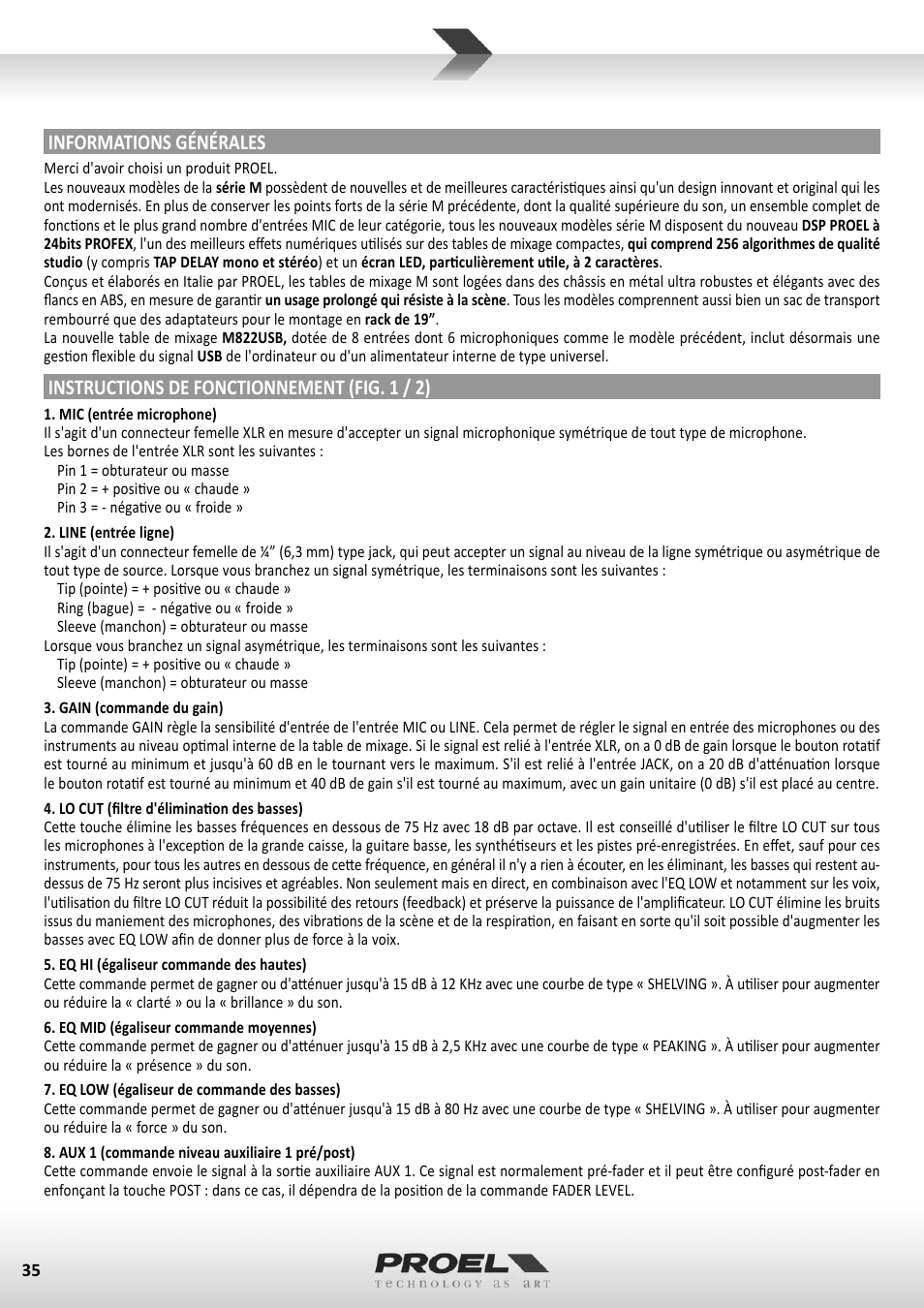 Informations générales, Instructions de fonctionnement (fig. 1 / 2) | Proel M822USB User Manual | Page 35 / 55