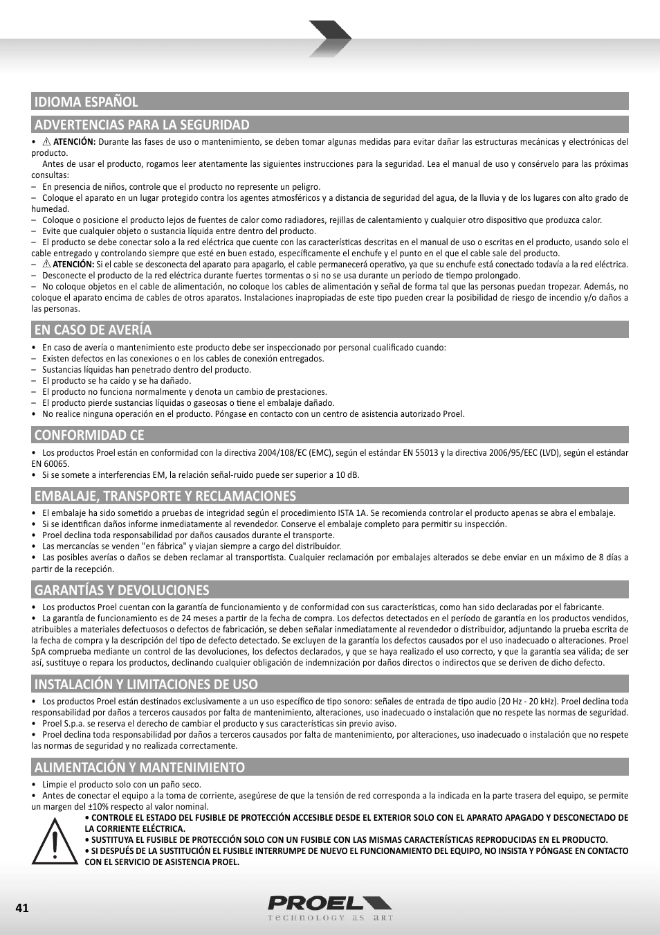 Idioma español advertencias para la seguridad, En caso de avería, Conformidad ce | Embalaje, transporte y reclamaciones, Garantías y devoluciones, Instalación y limitaciones de uso, Alimentación y mantenimiento | Proel M822USB User Manual | Page 41 / 55
