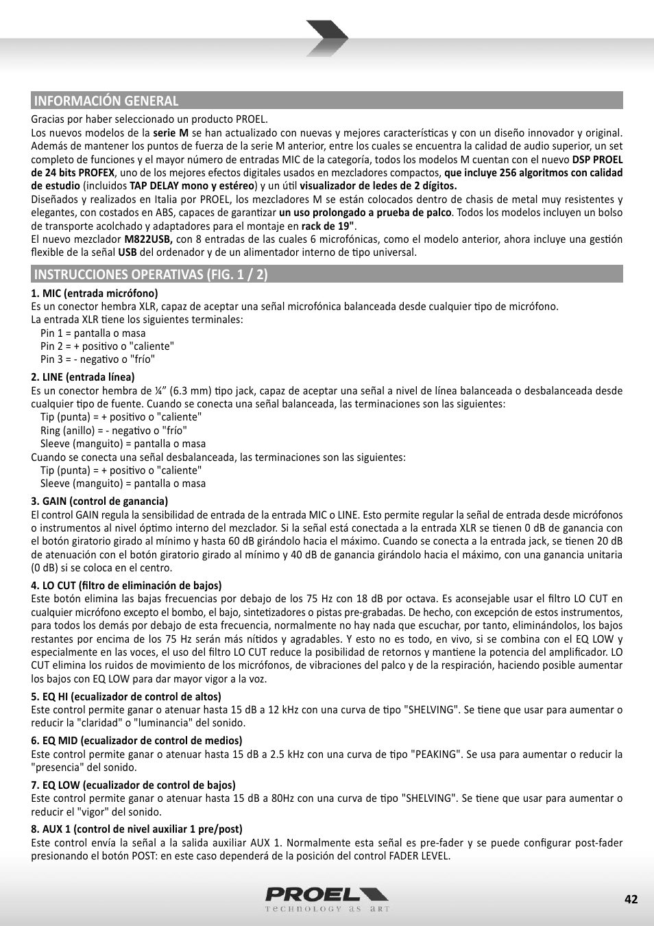 Información general, Instrucciones operativas (fig. 1 / 2) | Proel M822USB User Manual | Page 42 / 55