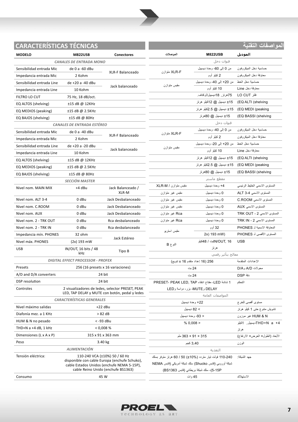 ﺔﻳﻧﻘﺗﻟﺍ ﺕﺎﻔﺻﺍﻭﻣﻟﺍ características técnicas | Proel M822USB User Manual | Page 7 / 55