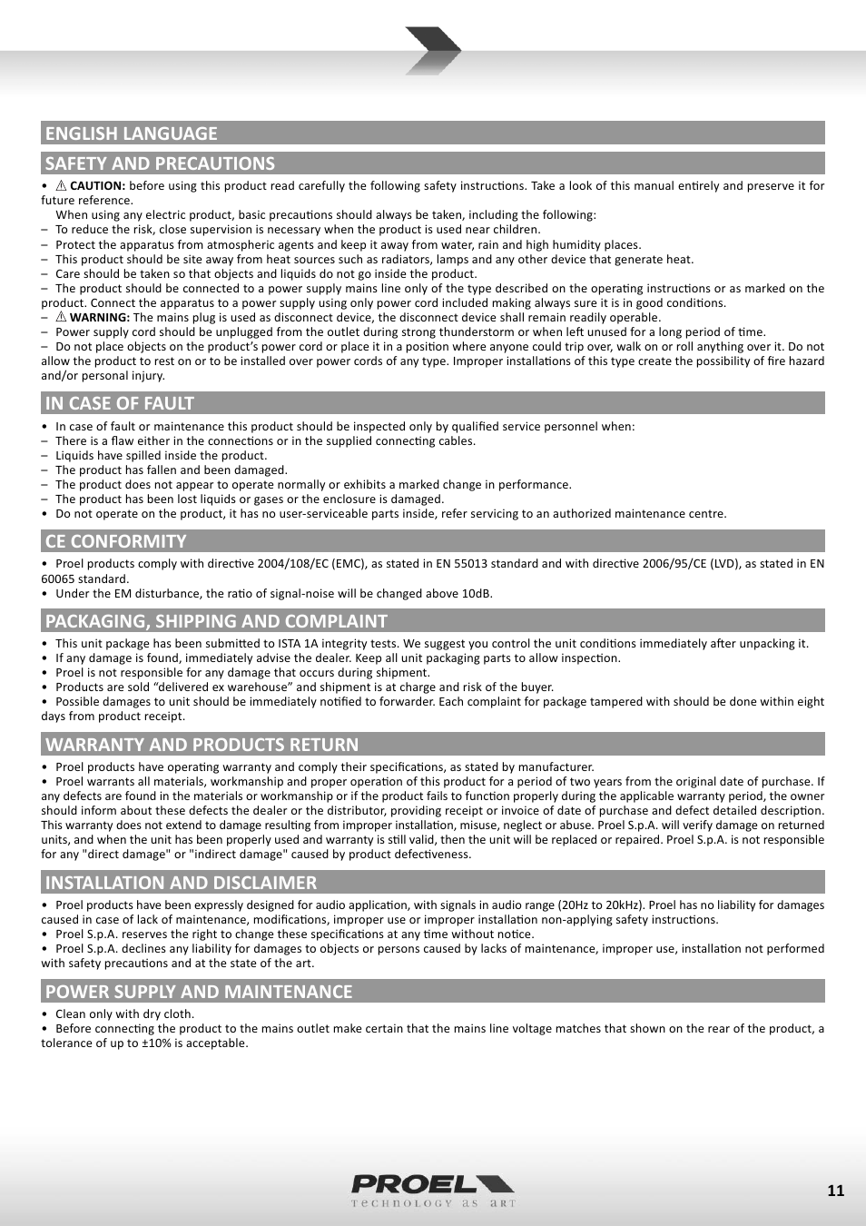 English language safety and precautions, Ce conformity, Packaging, shipping and complaint | Warranty and products return, Installation and disclaimer, Power supply and maintenance | Proel M602FX User Manual | Page 11 / 41