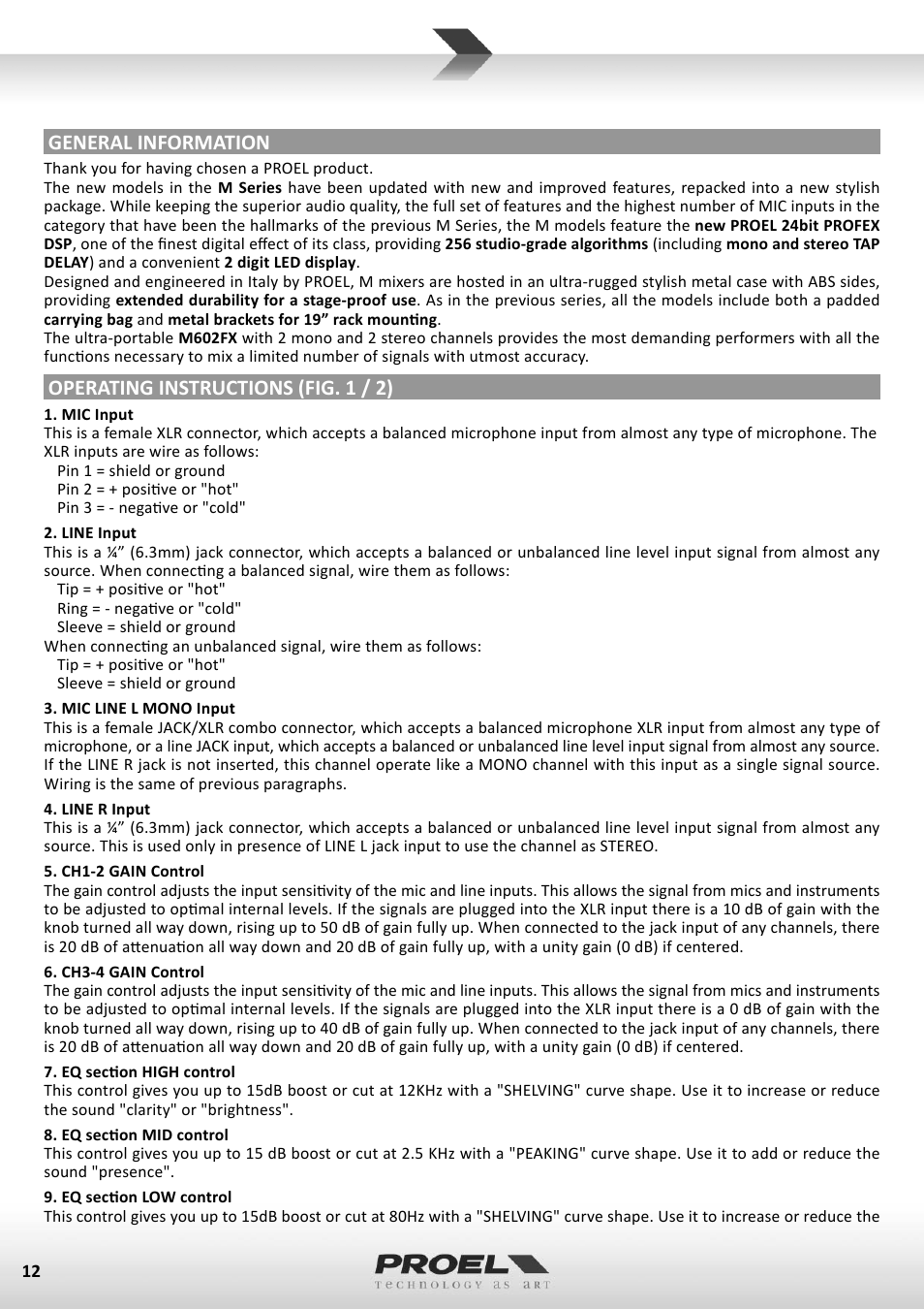 General information, Operating instructions (fig. 1 / 2) | Proel M602FX User Manual | Page 12 / 41