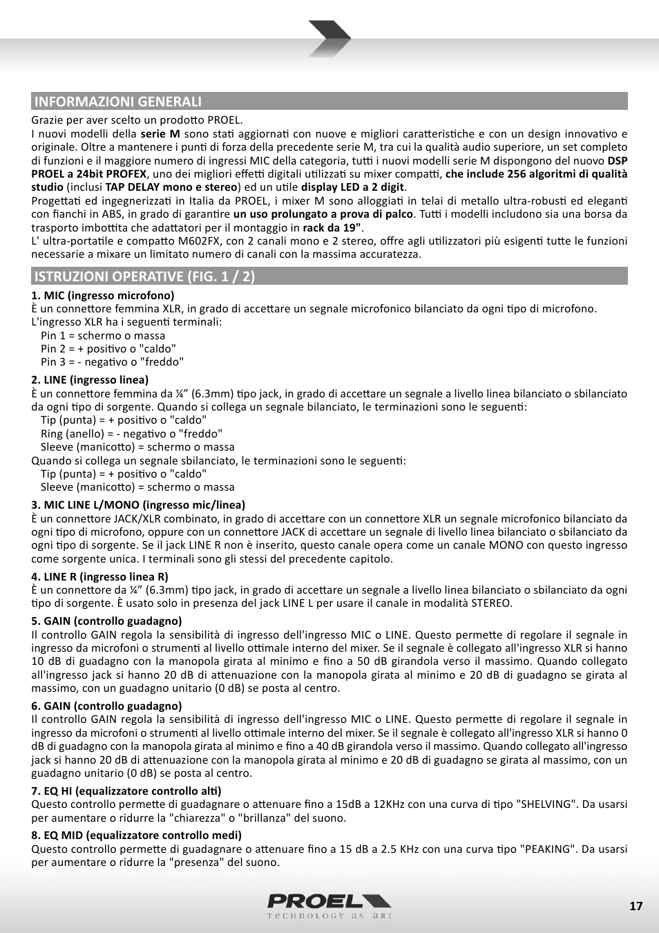 Informazioni generali, Istruzioni operative (fig. 1 / 2) | Proel M602FX User Manual | Page 17 / 41