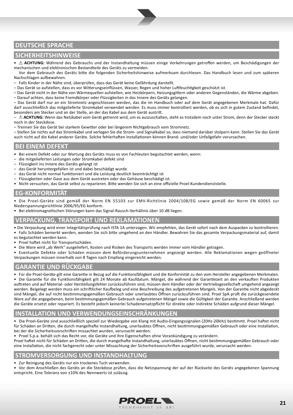 Deutsche sprache sicherheitshinweise, Bei einem defekt, Eg-konformität | Verpackung, transport und reklamationen, Garantie und rückgabe, Installation und verwendungseinschränkungen, Stromversorgung und instandhaltung | Proel M602FX User Manual | Page 21 / 41
