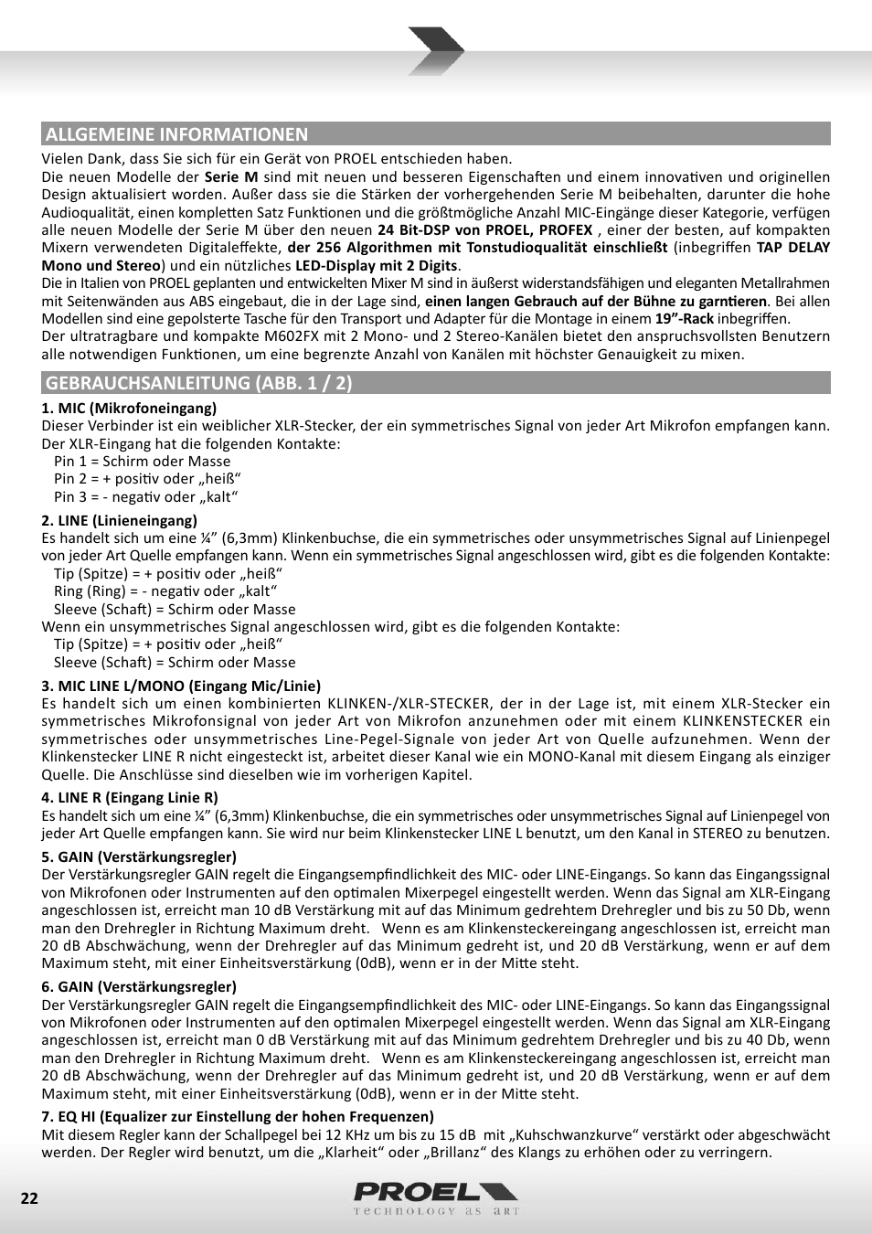 Allgemeine informationen, Gebrauchsanleitung (abb. 1 / 2) | Proel M602FX User Manual | Page 22 / 41