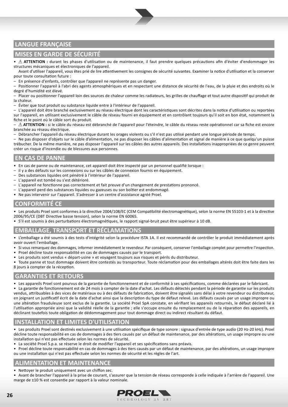 Langue française mises en garde de sécurité, En cas de panne, Conformité ce | Emballage, transport et réclamations, Garanties et retours, Installation et limites d'utilisation, Alimentation et maintenance | Proel M602FX User Manual | Page 26 / 41