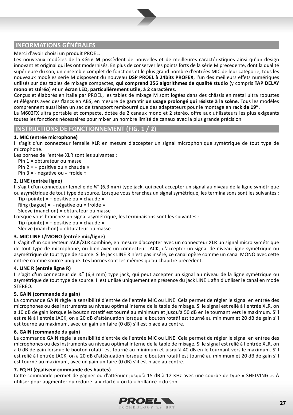 Informations générales, Instructions de fonctionnement (fig. 1 / 2) | Proel M602FX User Manual | Page 27 / 41