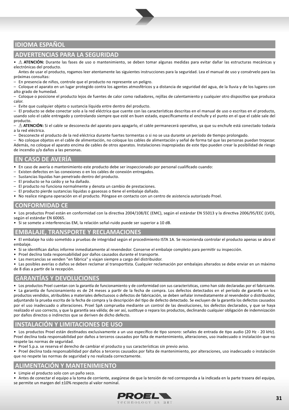 Idioma español advertencias para la seguridad, En caso de avería, Conformidad ce | Embalaje, transporte y reclamaciones, Garantías y devoluciones, Instalación y limitaciones de uso, Alimentación y mantenimiento | Proel M602FX User Manual | Page 31 / 41
