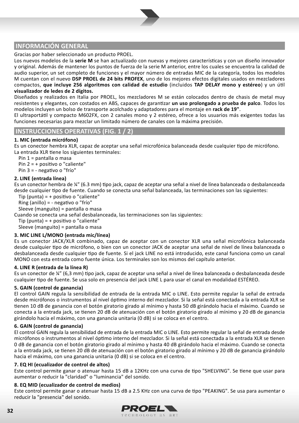 Información general, Instrucciones operativas (fig. 1 / 2) | Proel M602FX User Manual | Page 32 / 41